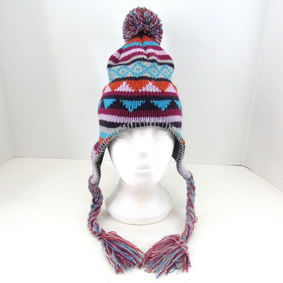Beanie with Earflap Strings and PomPom Multicolored and Multi Design One Size - Picture 1 of 9